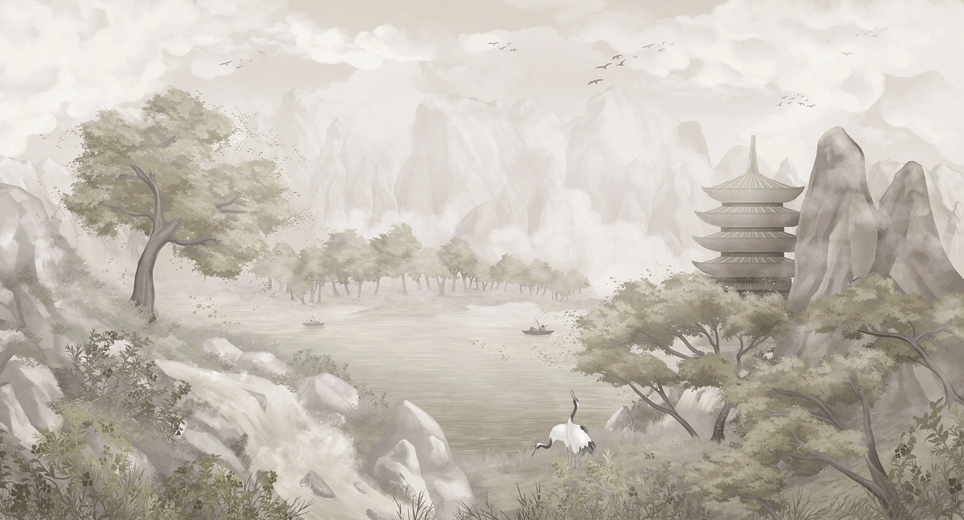 Фотообои на стену - горы, водопад, храм, озеро, лодки, журавль, деревья, зелёные, бежевые