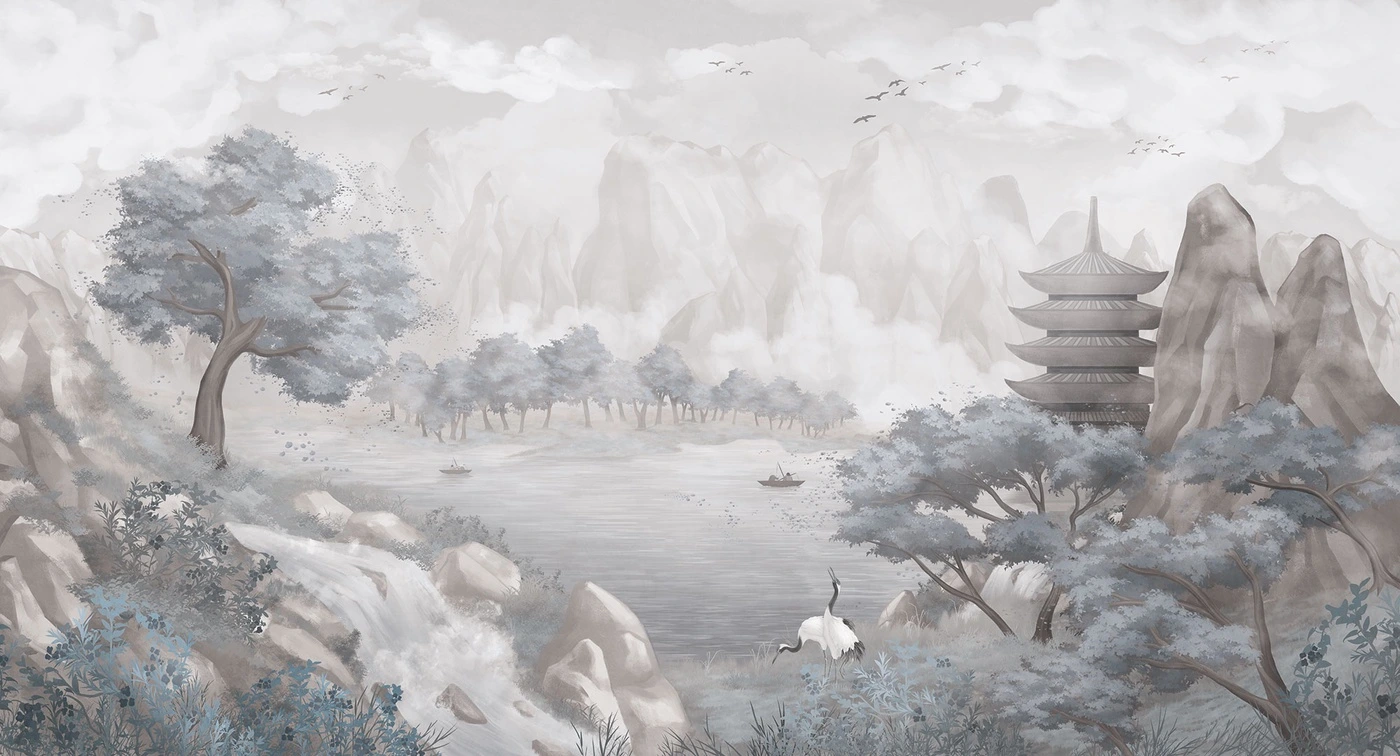 Фотообои на стену - горы, водопад, храм, озеро, лодки, журавль, деревья, голубые, бежевые