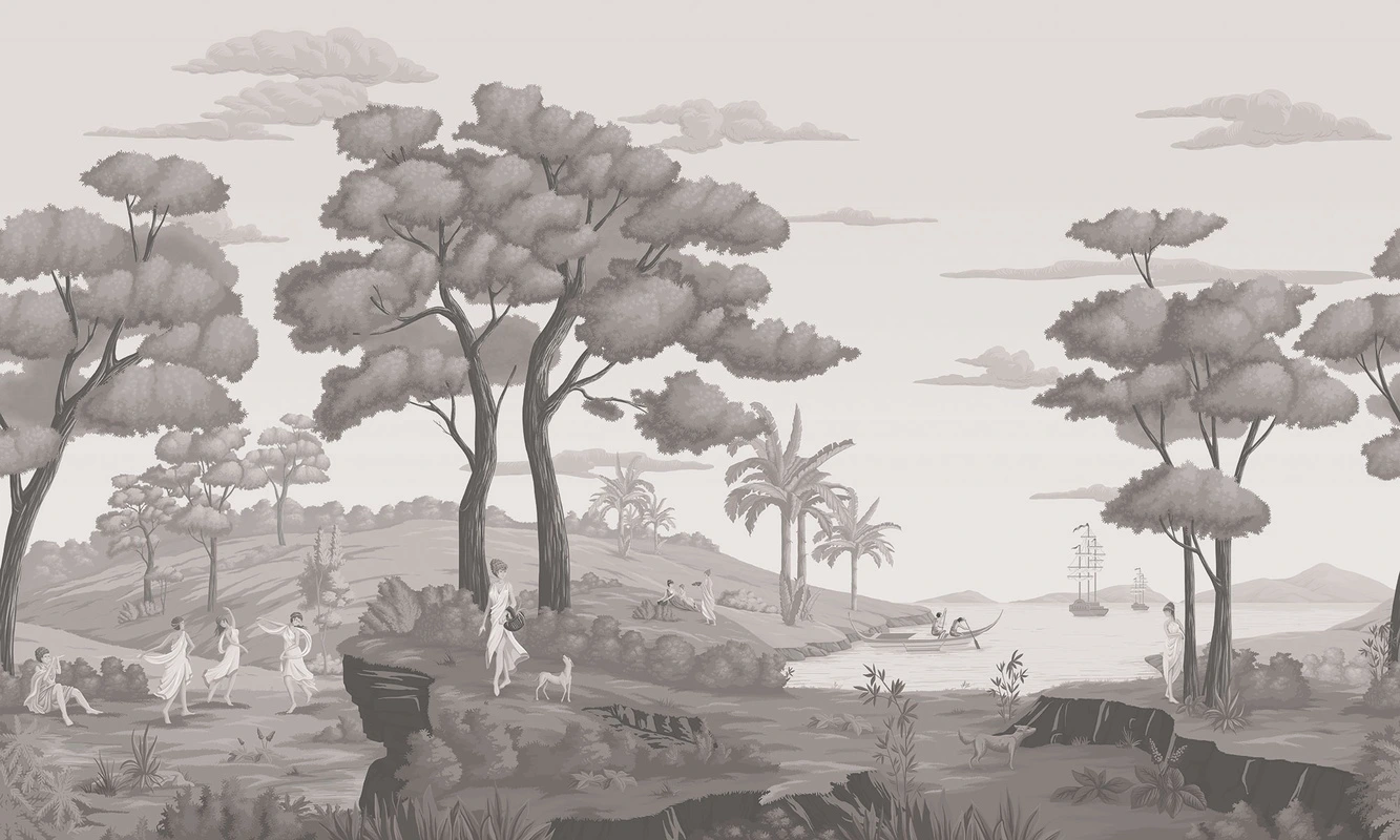 Фотообои на стену - деревья, холмы, люди, собака, лодки, корабли, пальмы, облака, бежевые, серые