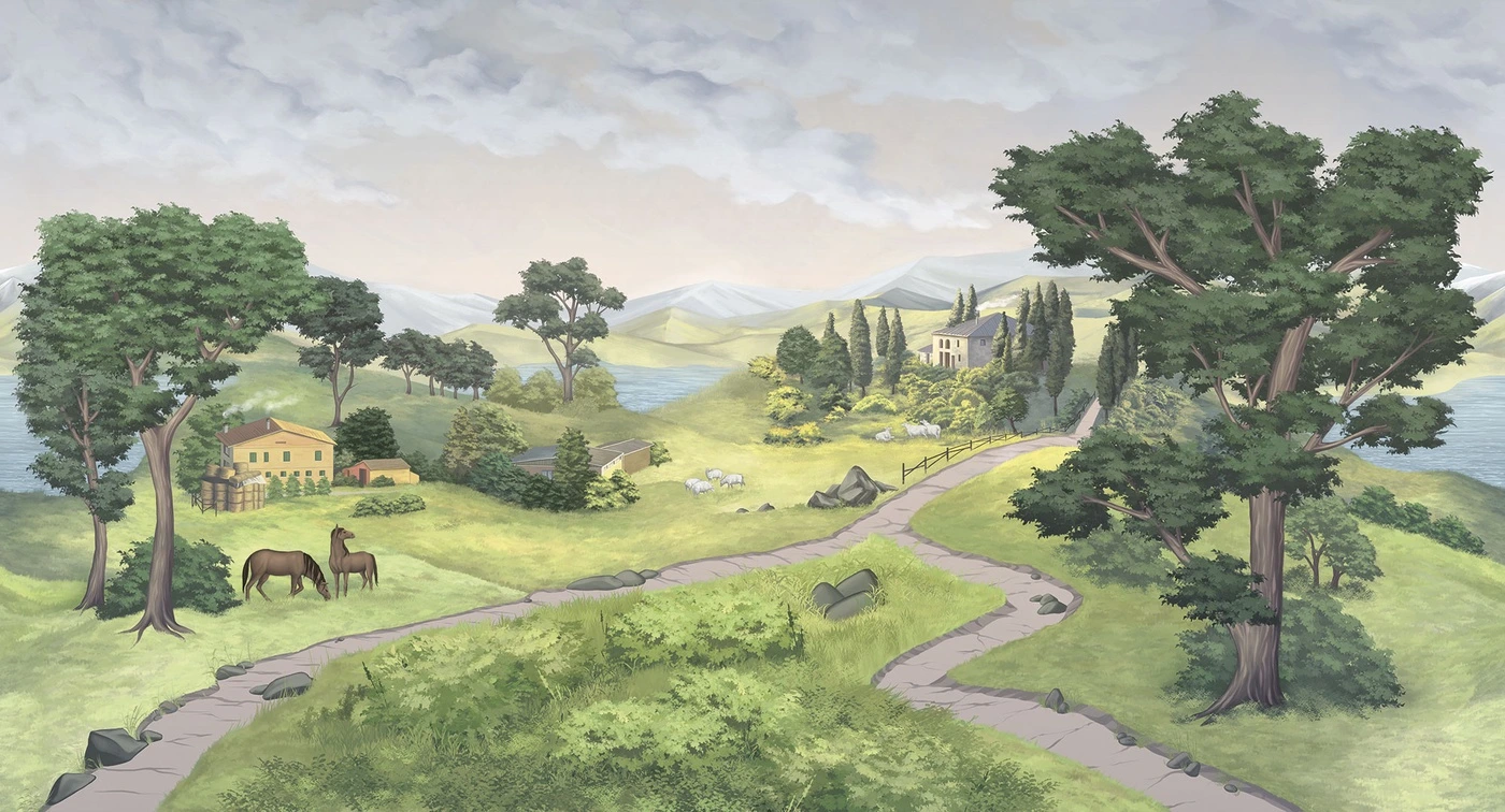 Фотообои на стену - деревья, горы, дома, дорога, озеро, облака, лошади, овцы, зелёные