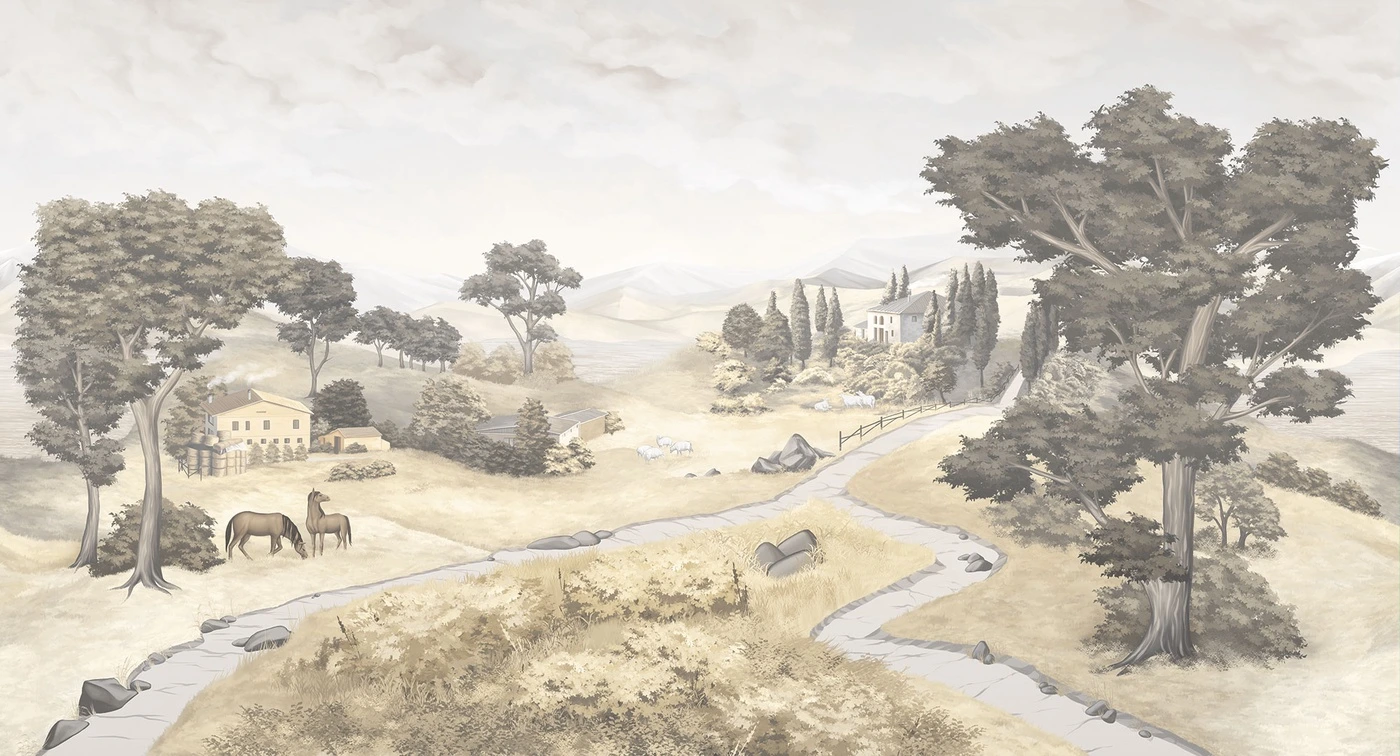 Фотообои на стену - деревья, горы, дома, дорога, озеро, облака, лошади, овцы, бежевые