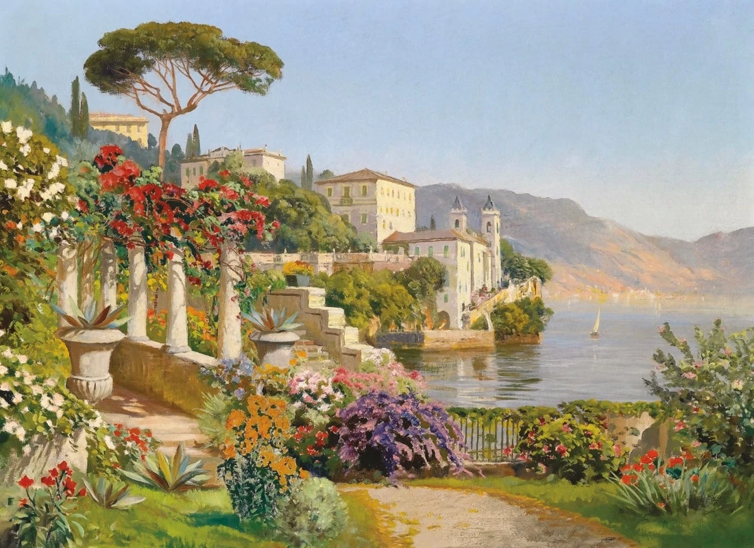 Фотообои на стену - картины, живопись, живописные, городок, берег, море, европы, западной европы, горы, желтая, красная