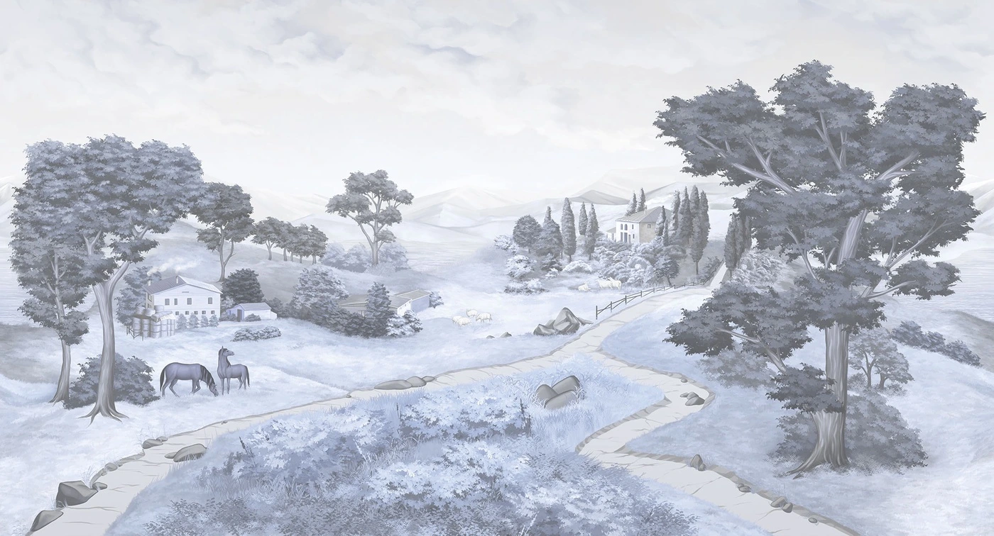 Фотообои на стену - деревья, горы, дома, дорога, озеро, облака, лошади, овцы, голубые