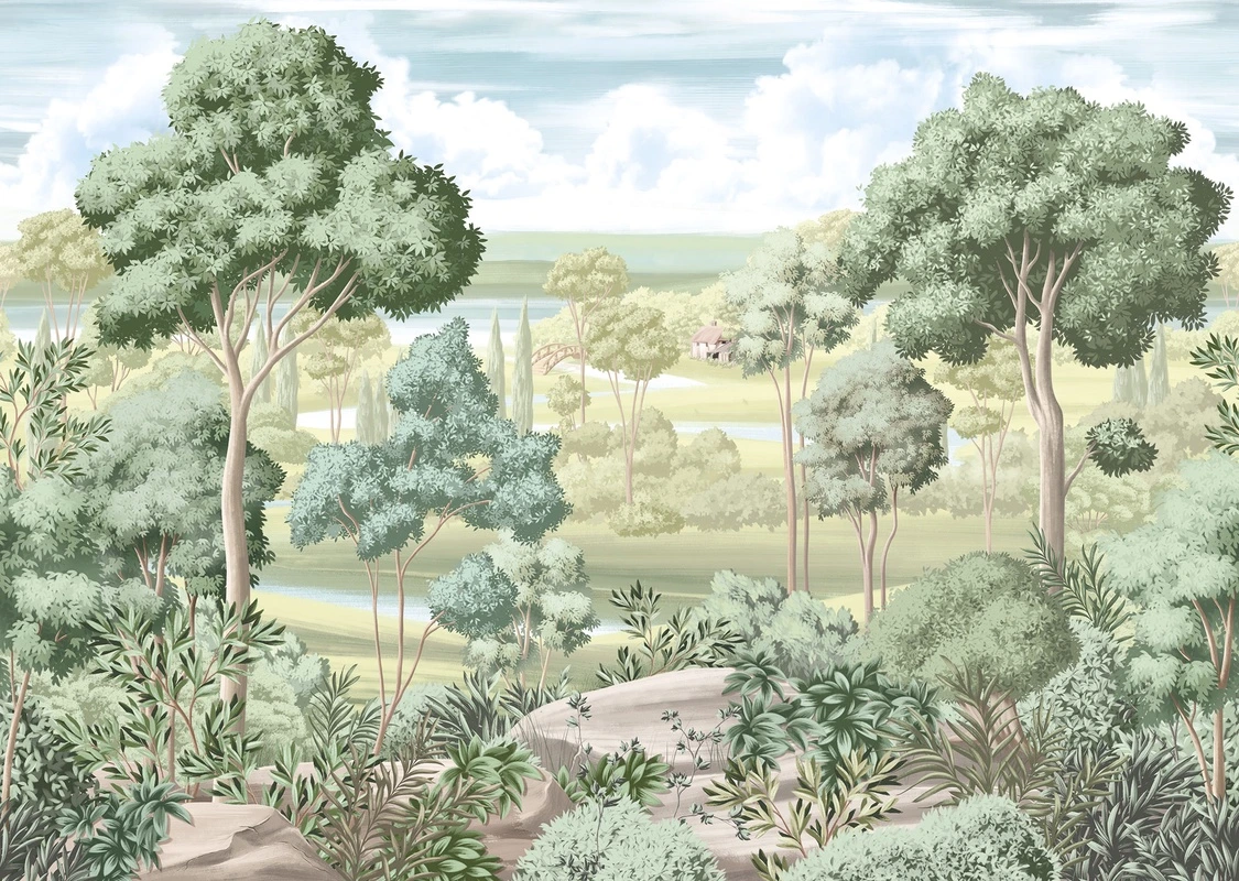 Фотообои на стену - деревья, кусты, трава, камни, облака, мост, дом, зелёные, голубые