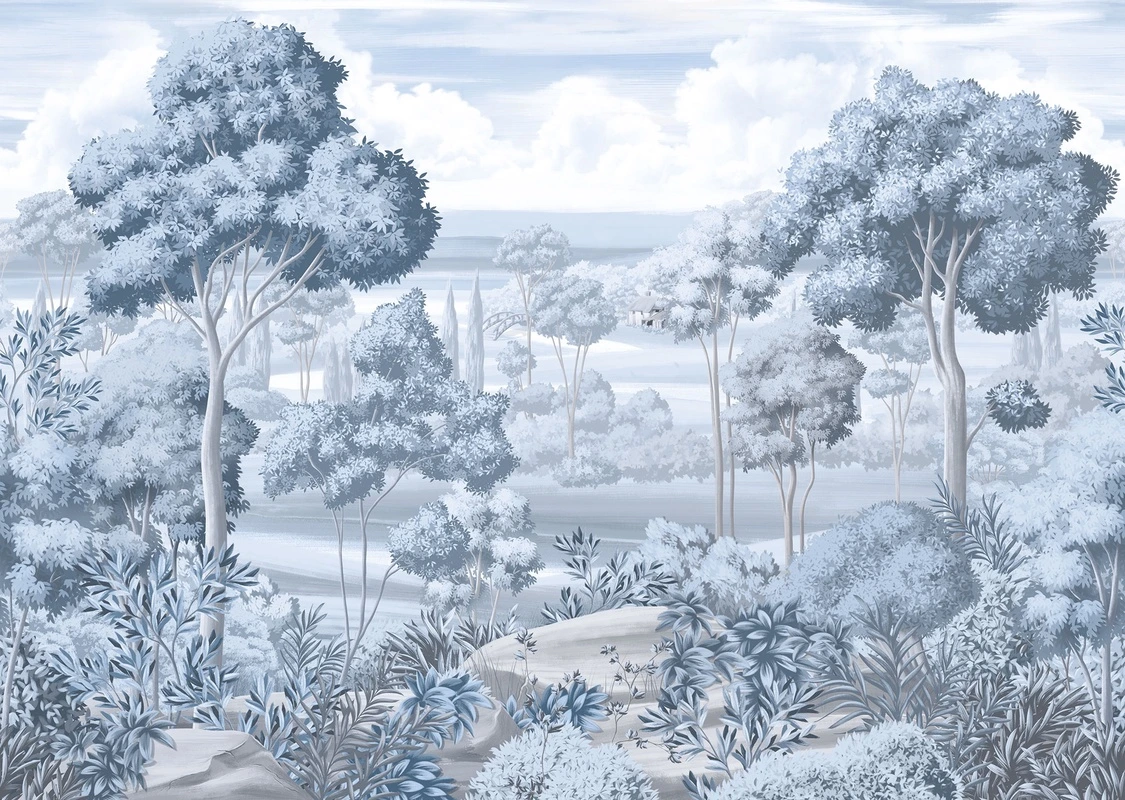 Фотообои на стену - деревья, кусты, трава, камни, облака, мост, дом, голубые