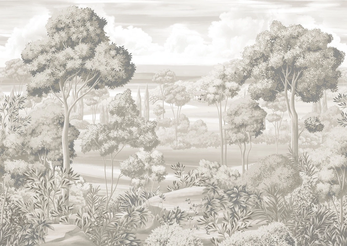 Фотообои на стену - деревья, кусты, трава, камни, облака, мост, дом, бежевые