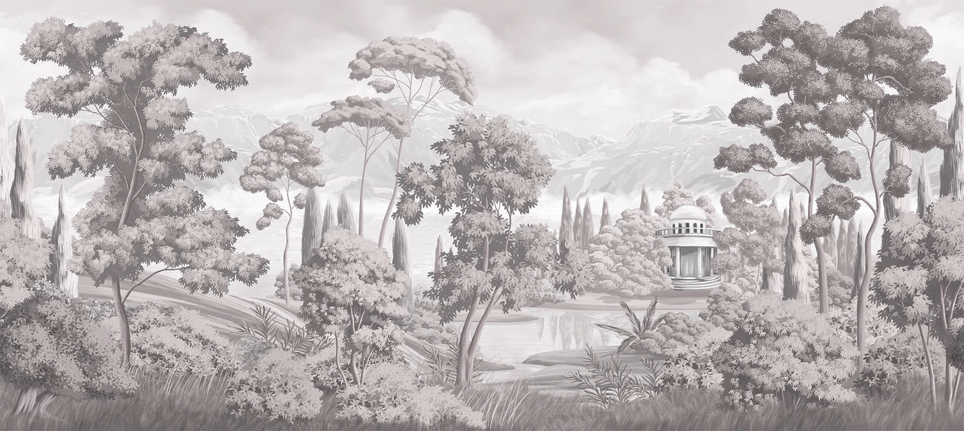 Фотообои на стену - кусты, озеро, храм, трава, облака, горы, деревья, бежевые