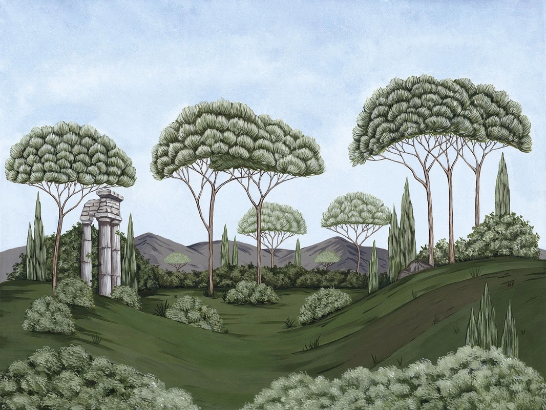 Фотообои на стену - кусты, колонны, деревья, небо, зелёные, горы, холмы