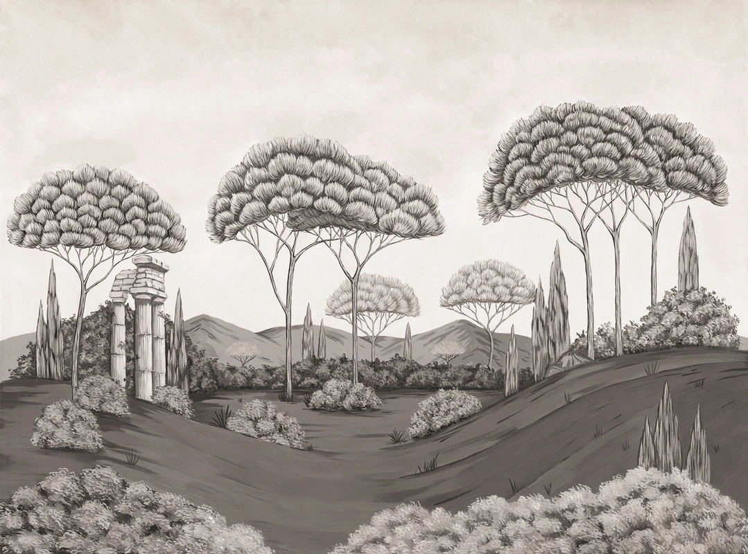 Фотообои на стену - деревья, колонны, холмы, небо, горы, кусты, бежевые