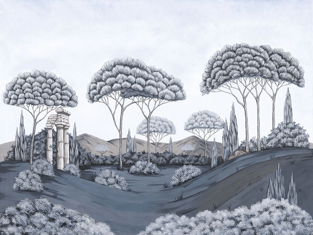 Фотообои на стену - кусты, колонны, деревья, горы, небо, синий, холмы