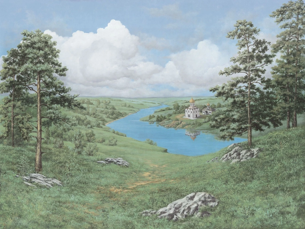 Фотообои на стену - церковь, скалы, деревья, небо, трава, облака, река, зелёный