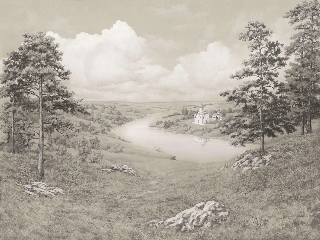 Фотообои на стену - облака, церковь, река, небо, деревья, камни, холм, трава