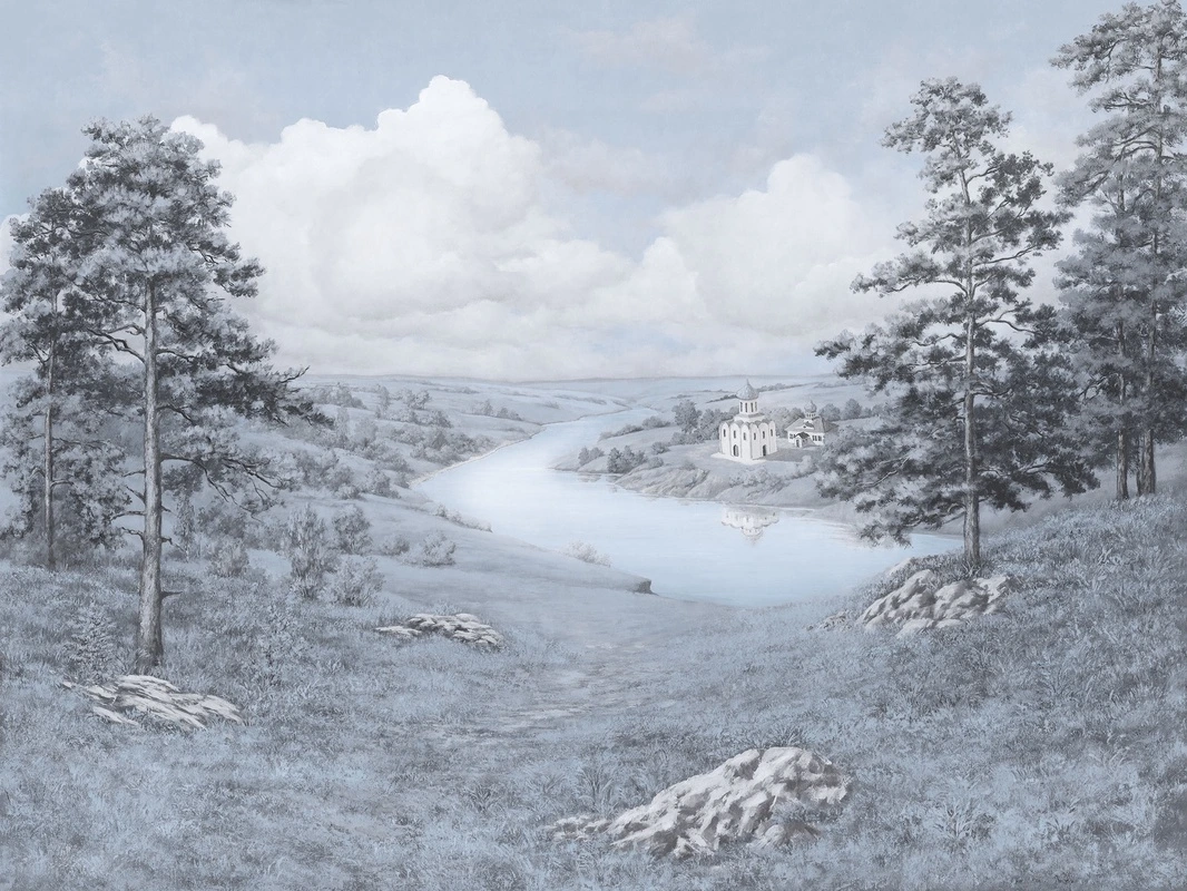 Фотообои на стену - трава, церковь, камни, небо, деревья, холм, облака, река