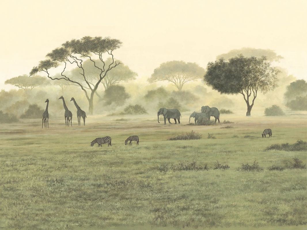 Фотообои на стену - жирафы, слоны, трава, деревья, зебры, саванна, кусты, туман