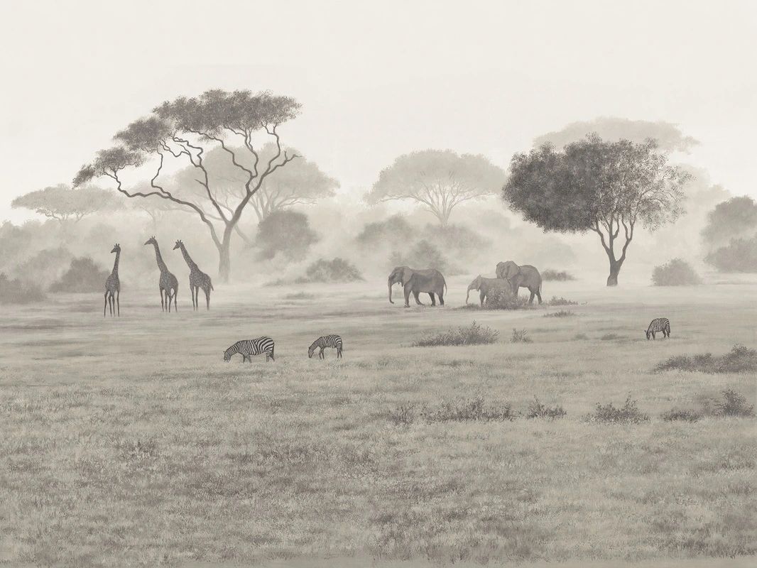 Фотообои на стену - туман, саванна, зебры, деревья, кусты, слоны, трава, жирафы