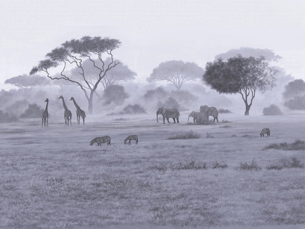 Фотообои на стену - деревья, трава, саванна, жирафы, зебры, кусты, слоны, туман