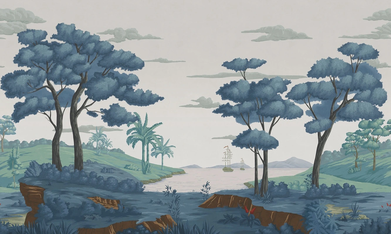 Фотообои на стену - море, корабль, облака, холмы, пальмы, кусты, деревья, трава