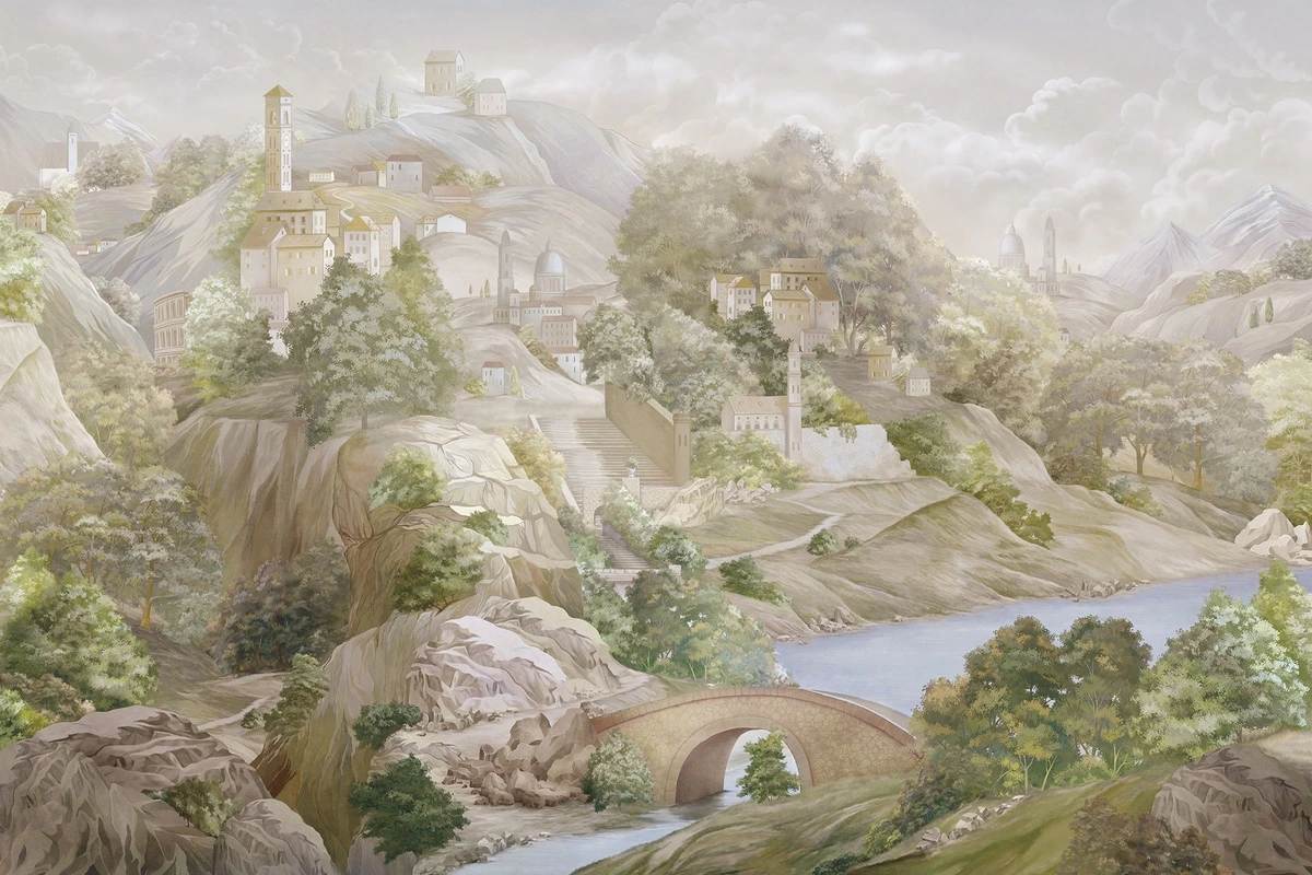 Фотообои на стену - мост, скалы, деревья, небо, здания, облака, холмы, вода, светло-бежевые