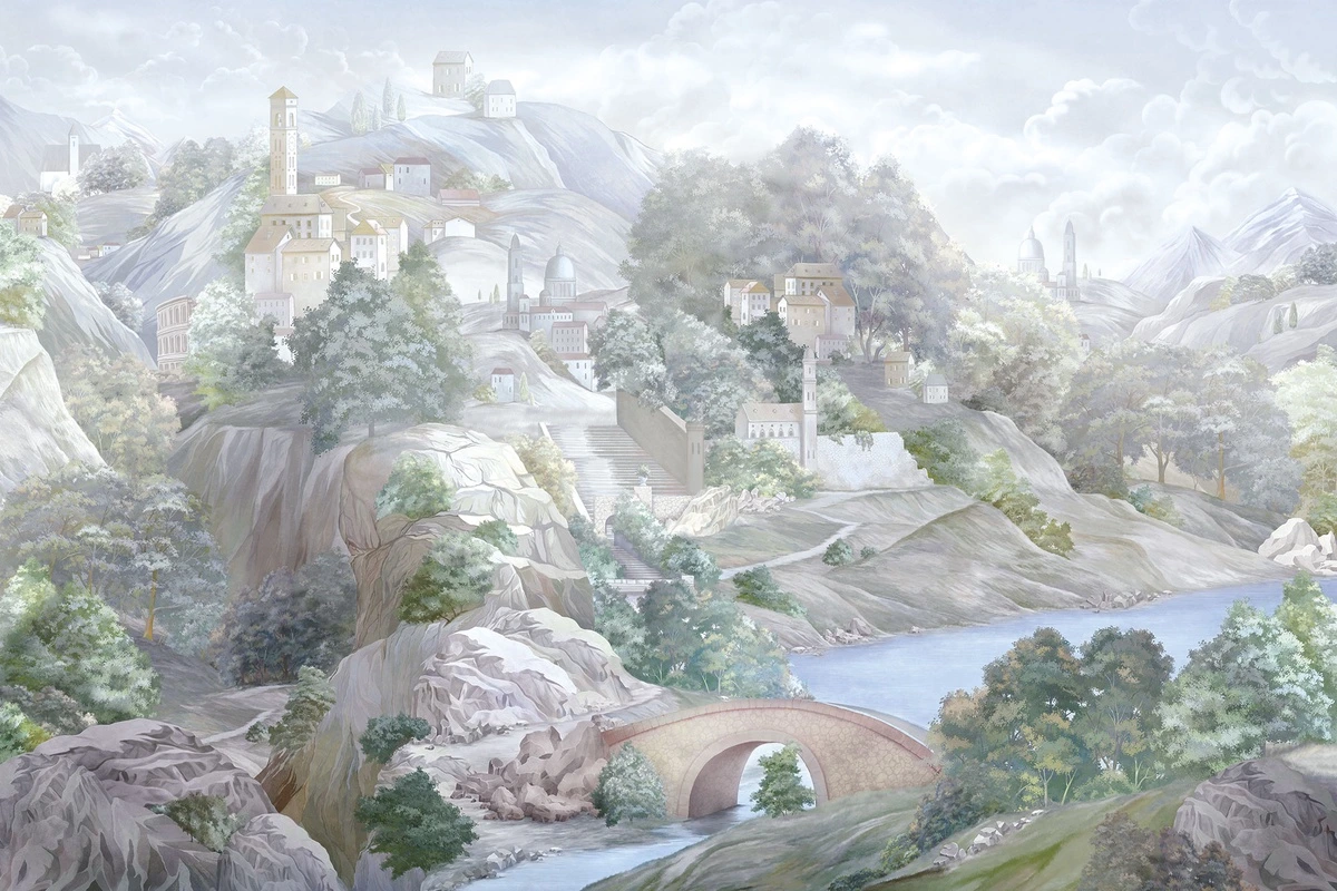 Фотообои на стену - деревья, облака, здания, река, холмы, мост, скалы, небо, светло-голубые