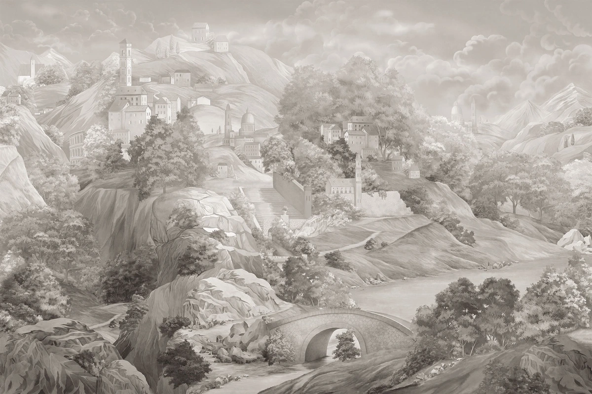 Фотообои на стену - деревья, скалы, мост, здания, небо, облака, холмы, река, светло-коричневые