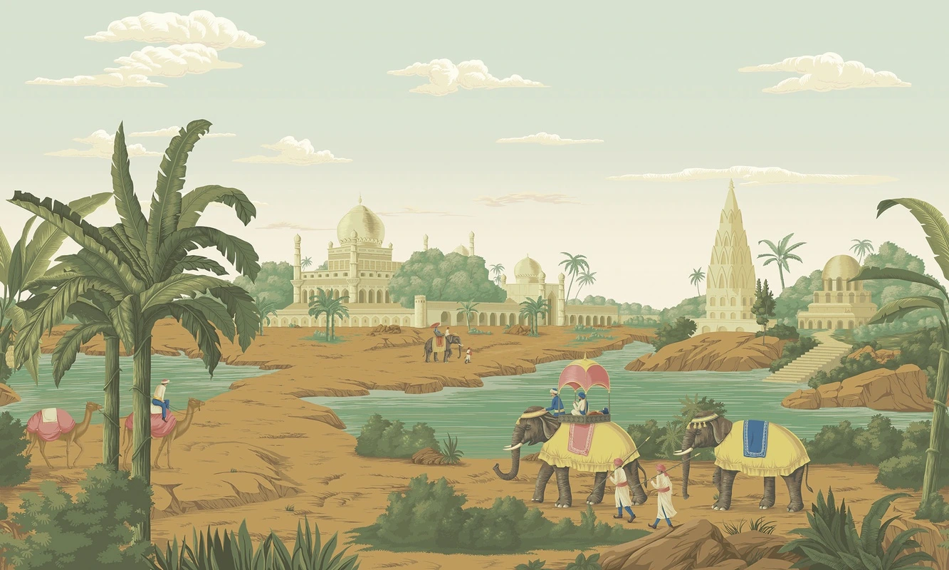 Фотообои на стену - пальмы, облака, здания, камни, река, слоны, верблюды, кусты, люди, светло-зелёный