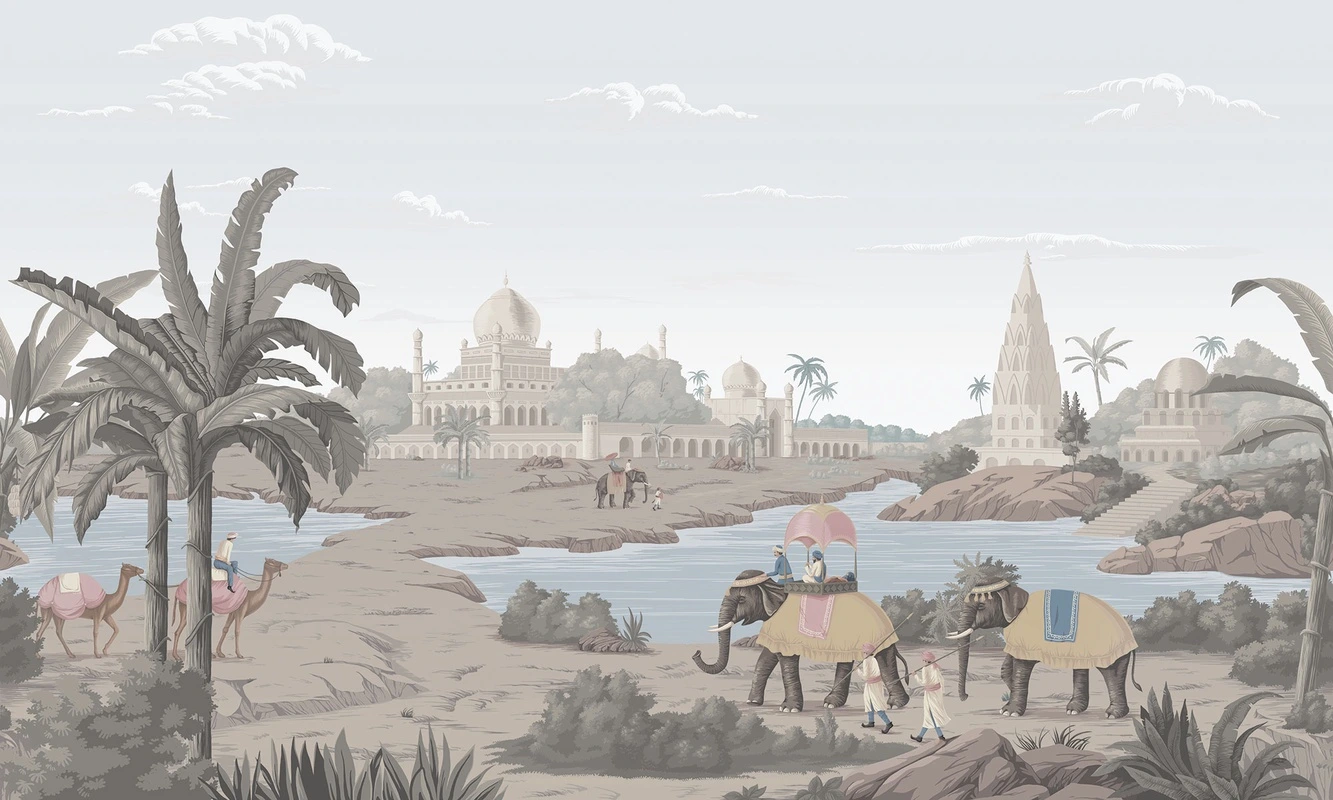 Фотообои на стену - люди, здания, верблюды, слоны, река, облака, кусты, пальмы, камни, серо-бежевый