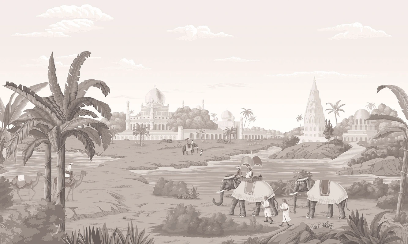 Фотообои на стену - люди, здания, верблюды, слоны, река, облака, кусты, пальмы, камни, розовато-бежевые