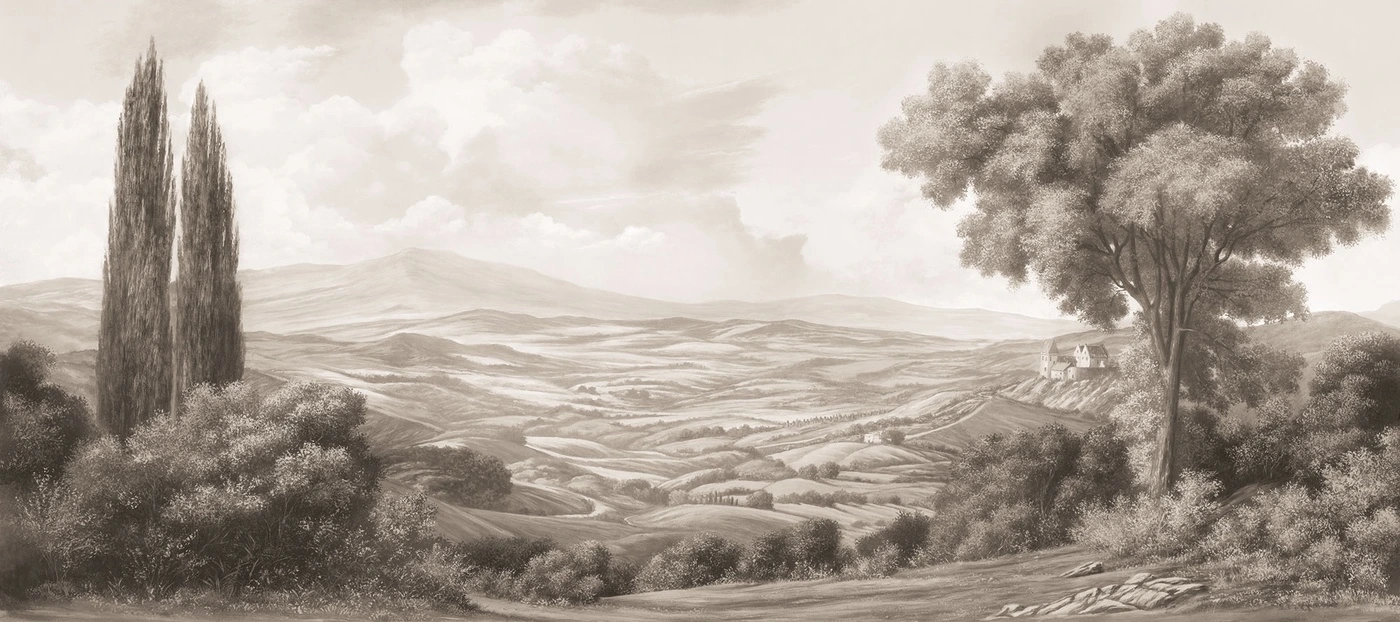 Фотообои на стену - облака, кусты, деревья, горы, дом, трава, камни, холмы, небо, розовато-бежевые