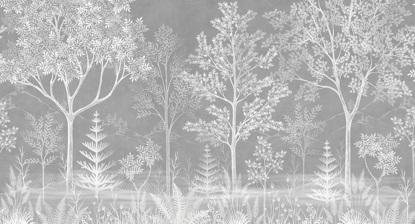 Фотообои на стену - деревья, кусты, трава, листья, папоротники, серый