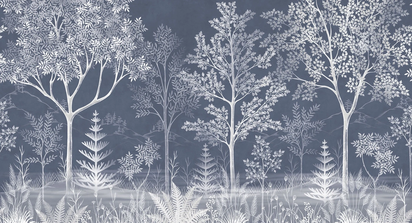 Фотообои на стену - деревья, кусты, трава, листья, папоротники, тёмно-синий