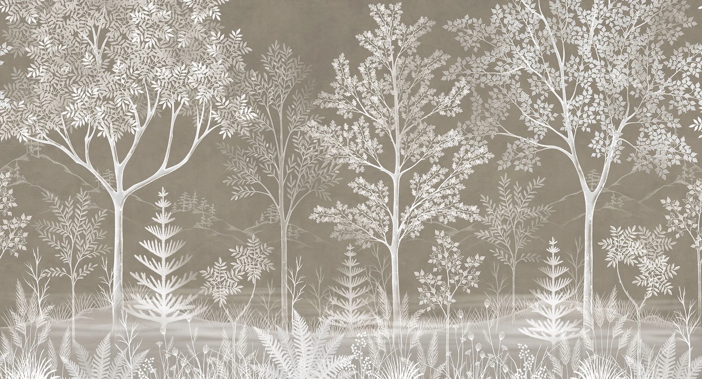 Фотообои на стену - деревья, кусты, трава, листья, папоротники, светло-коричневый