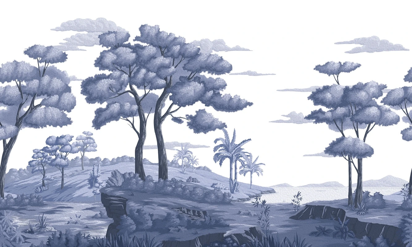 Фотообои на стену - деревья, кусты, трава, пальмы, облака, скалы, холмы, светло-синий