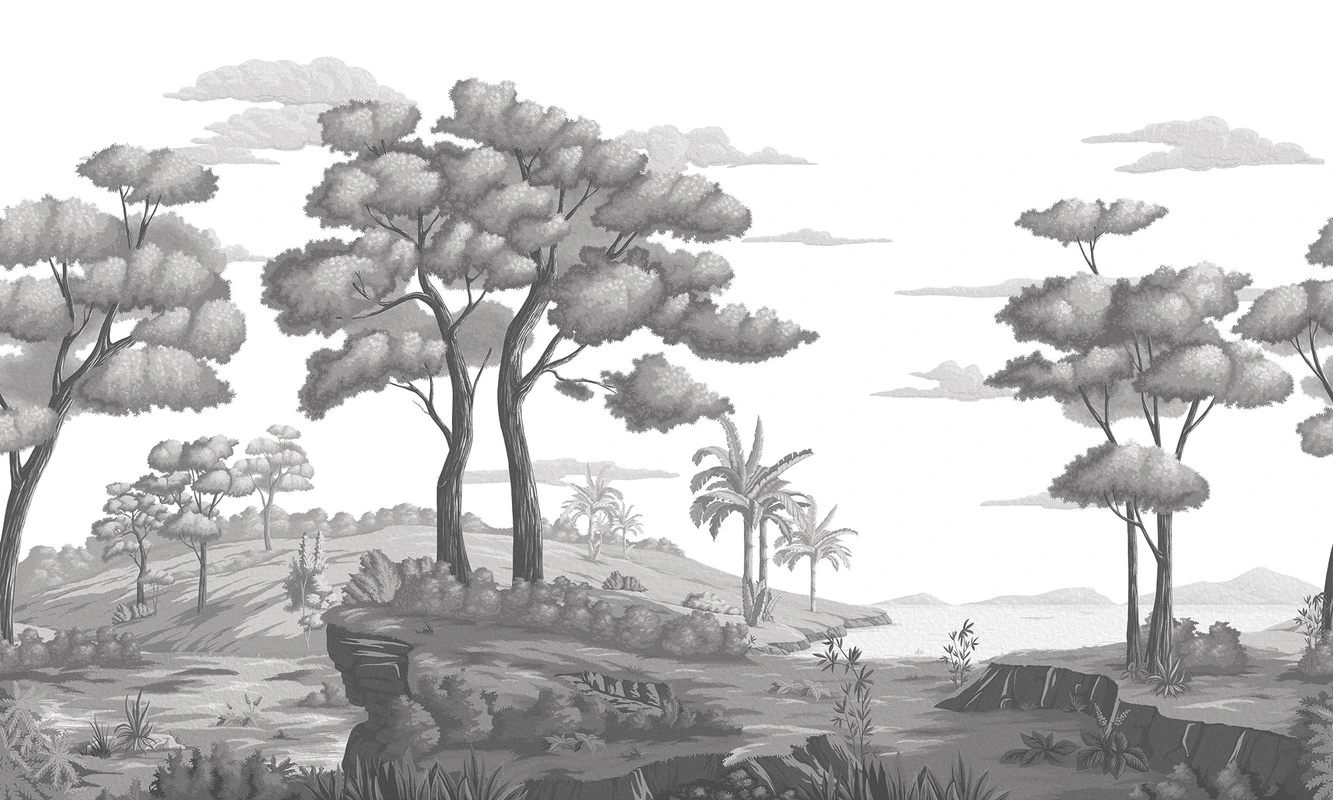 Фотообои на стену - деревья, кусты, трава, пальмы, облака, скалы, холмы, серые