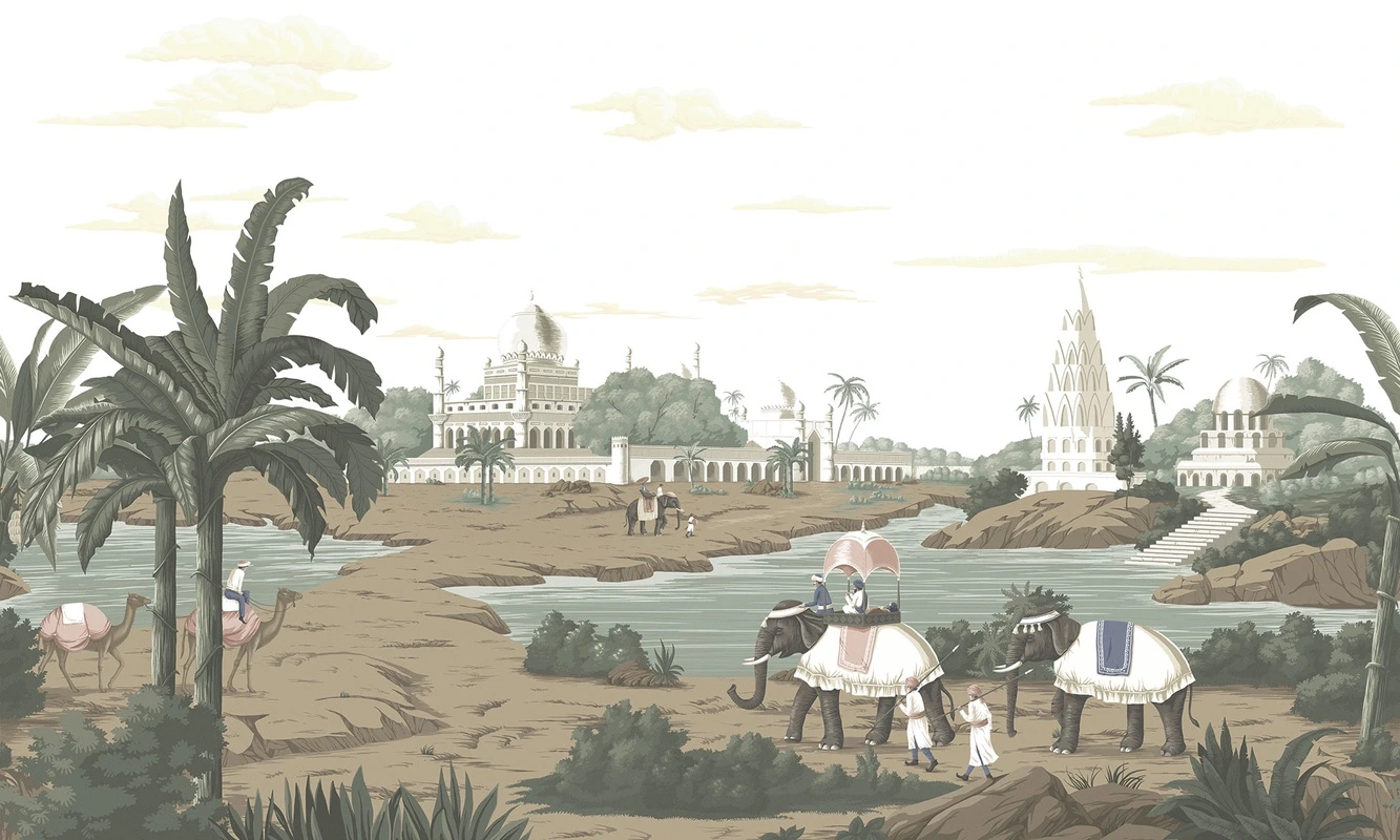 Фотообои на стену - люди, здания, слоны, кусты, река, облака, камни, верблюды, пальмы