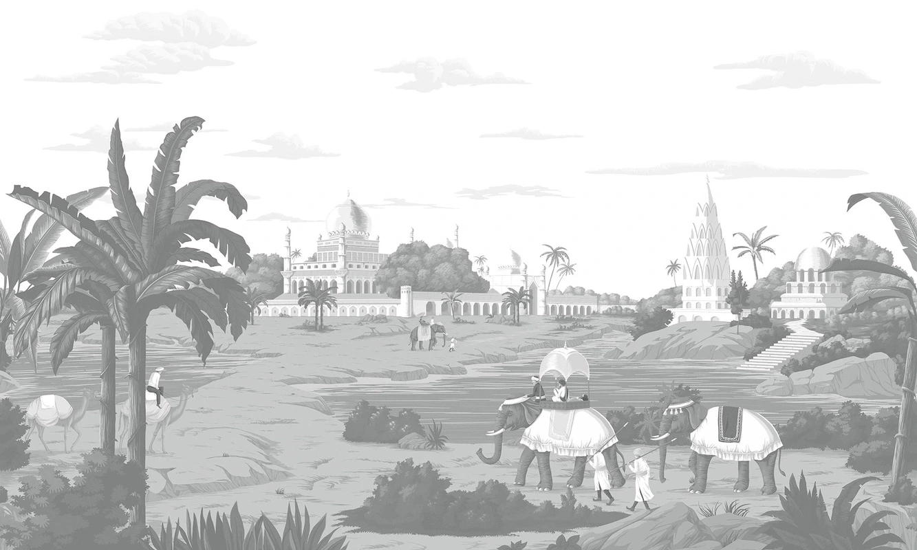 Фотообои на стену - кусты, облака, здания, люди, пальмы, верблюды, слоны, река, камни, светло-серые