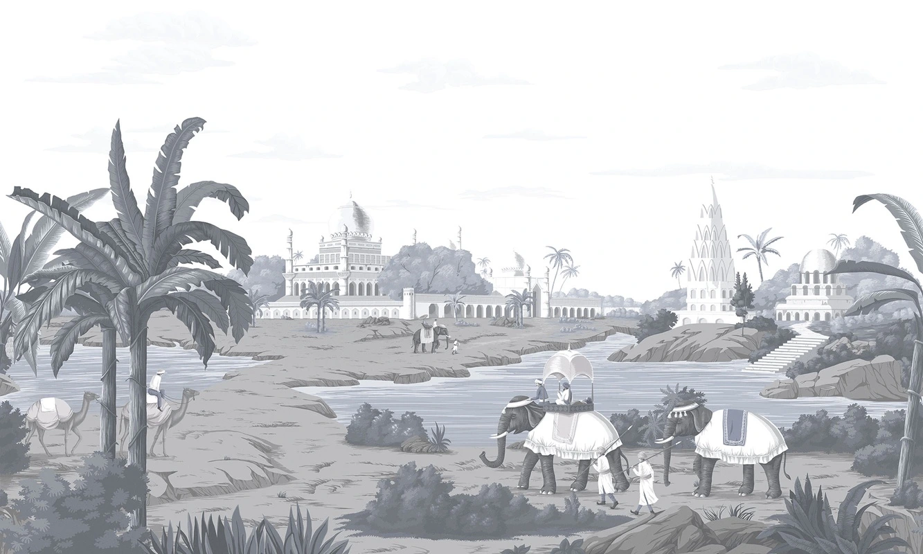 Фотообои на стену - камни, верблюды, река, кусты, пальмы, здания, слоны, люди, облака, серо-голубые