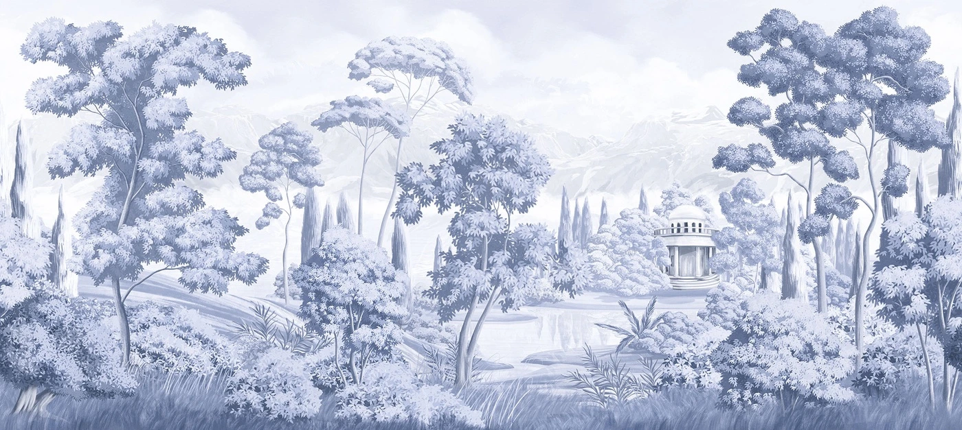 Фотообои на стену - здание, облака, кусты, деревья, река, голубовато-синие