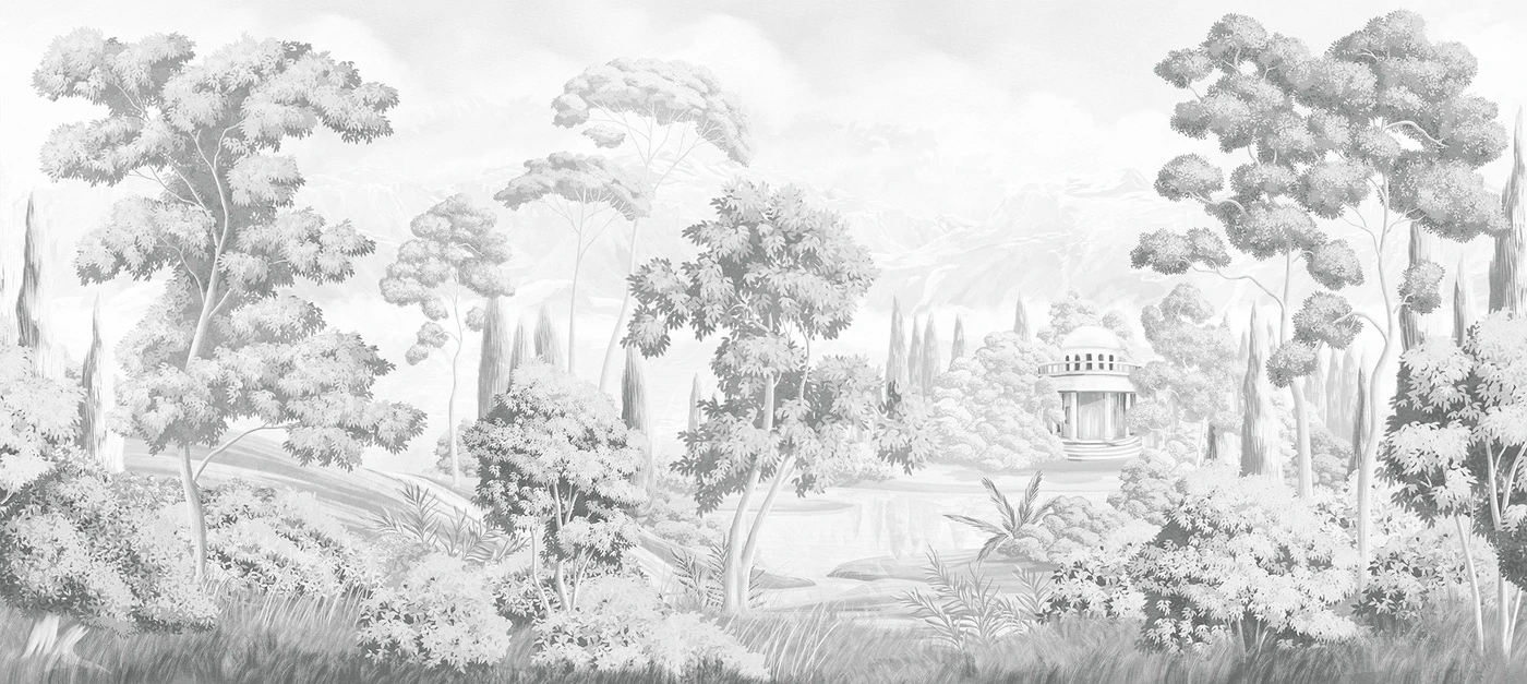 Фотообои на стену - деревья, река, здание, облака, трава, кусты, светло-серые