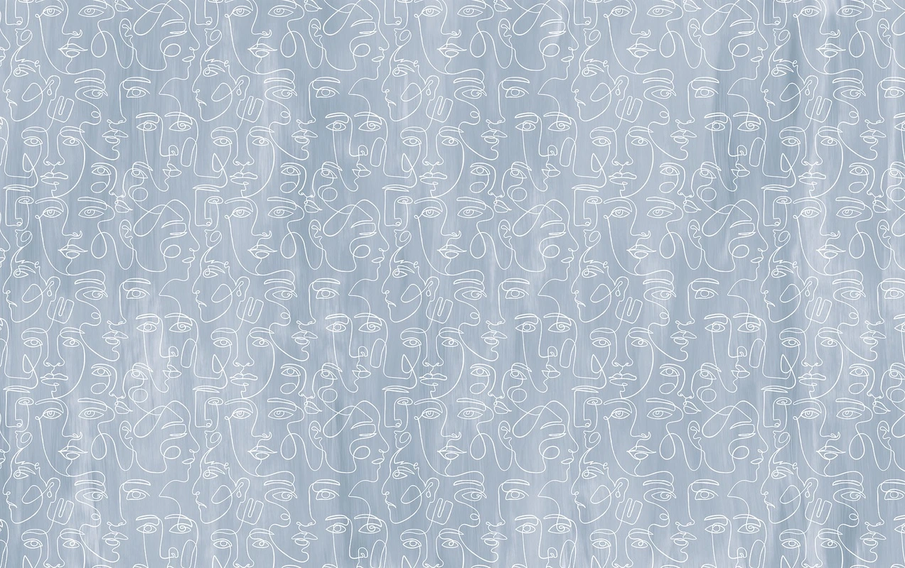 Фотообои на стену - абстракция, лица, контурные рисунки, белые линии, люди, лица в профиль, глаза, голубовато-серые, текстура