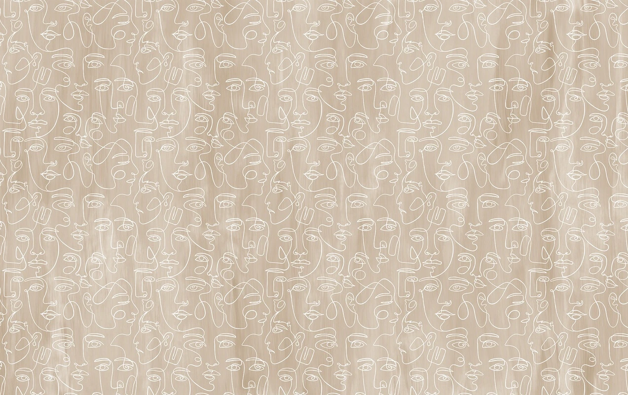 Фотообои на стену - лица, абстракция, белые линии, контур, узор, светло-коричневые, глаза, люди, лица в профиль, фон с текстурой