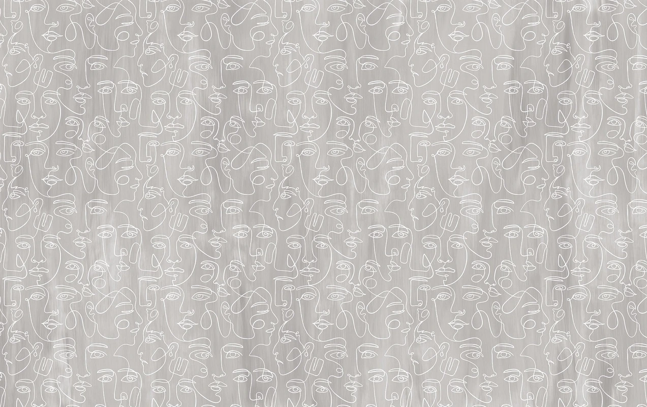 Фотообои на стену - лица, абстракция, белые линии, контур, узор, серо-коричневые, глаза, люди, лица в профиль, фон с текстурой