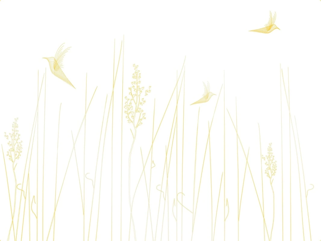Фотообои на стену - графика, золотые обои, линии, золотые линии, трава, птицы