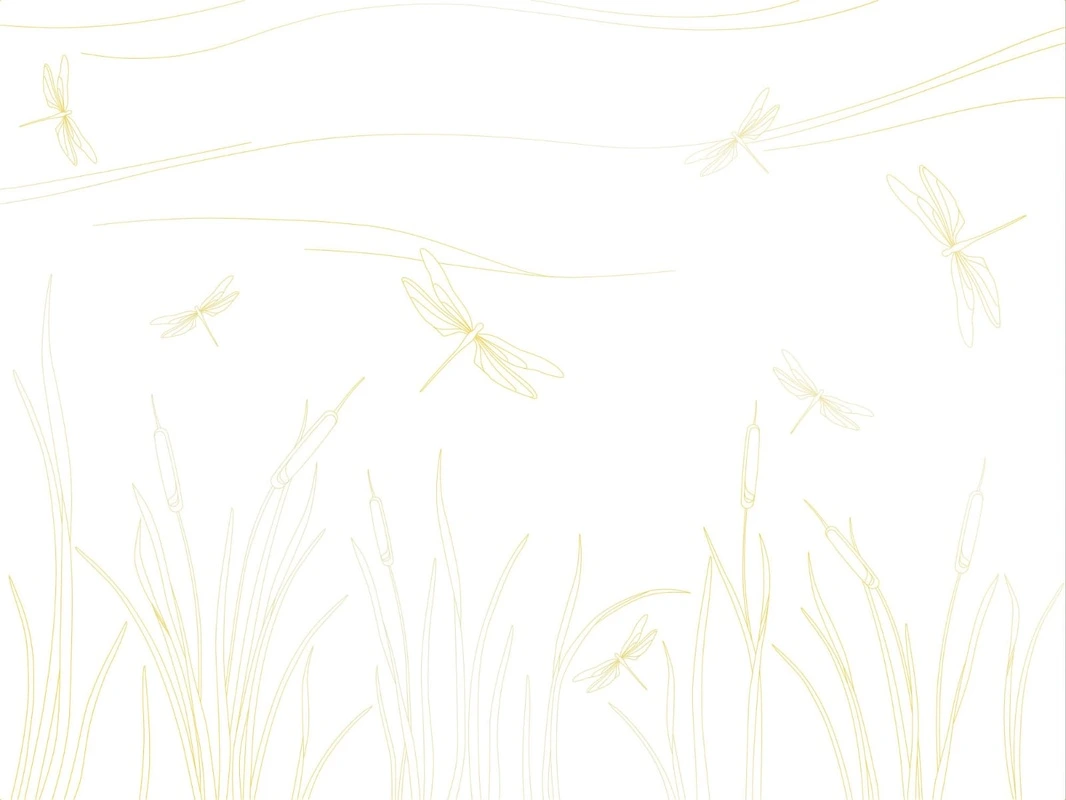 Фотообои на стену - графика, обои золотого цвета, линии, золотые линии, трава, стрекозы