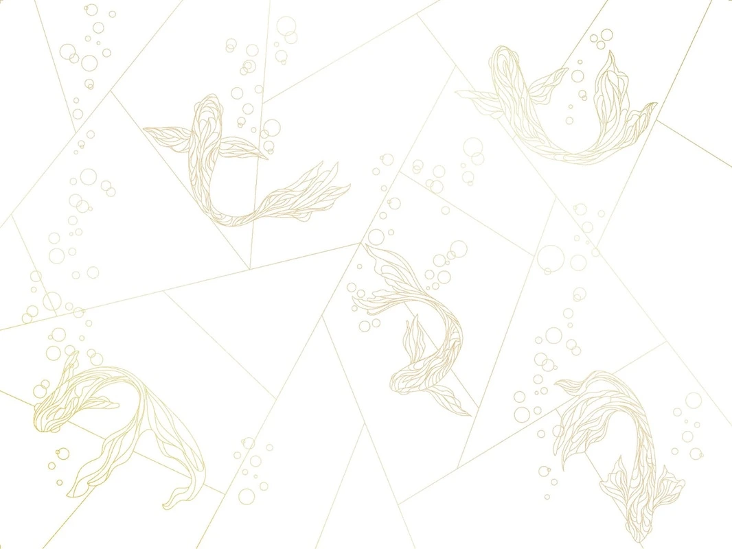 Фотообои на стену - графика, золотые обои для стен, линии, золотые линии, рыбы, треугольники