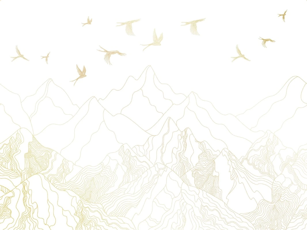 Фотообои на стену - графика, золотые флизелиновые обои, линии, золотые линии, золотые горы, золотые птицы