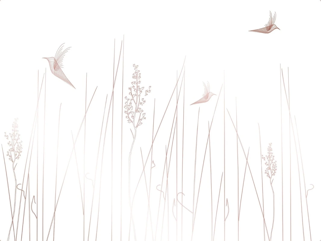 Фотообои на стену - графика, линии, бежевые, трава, птицы