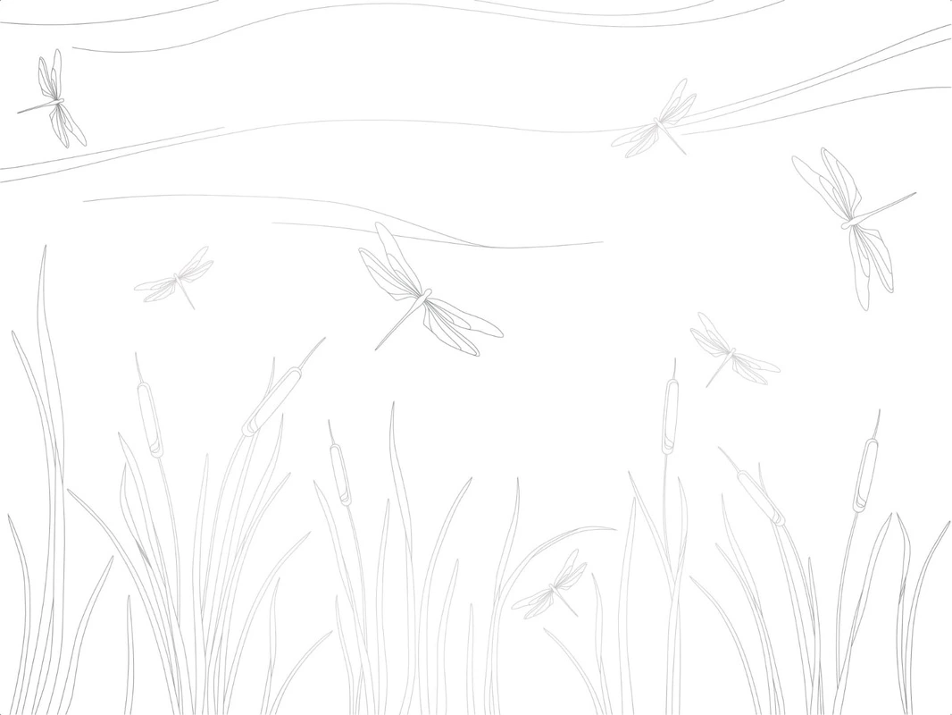 Фотообои на стену - графика, серые, линии, трава, стрекозы