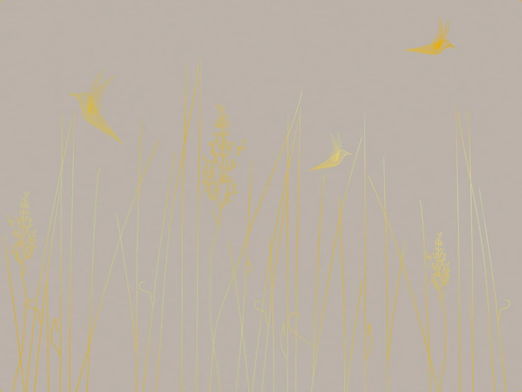 Фотообои на стену - графика, линии, золотые линии, обои с золотыми линиями, трава, птицы, серо бежевые