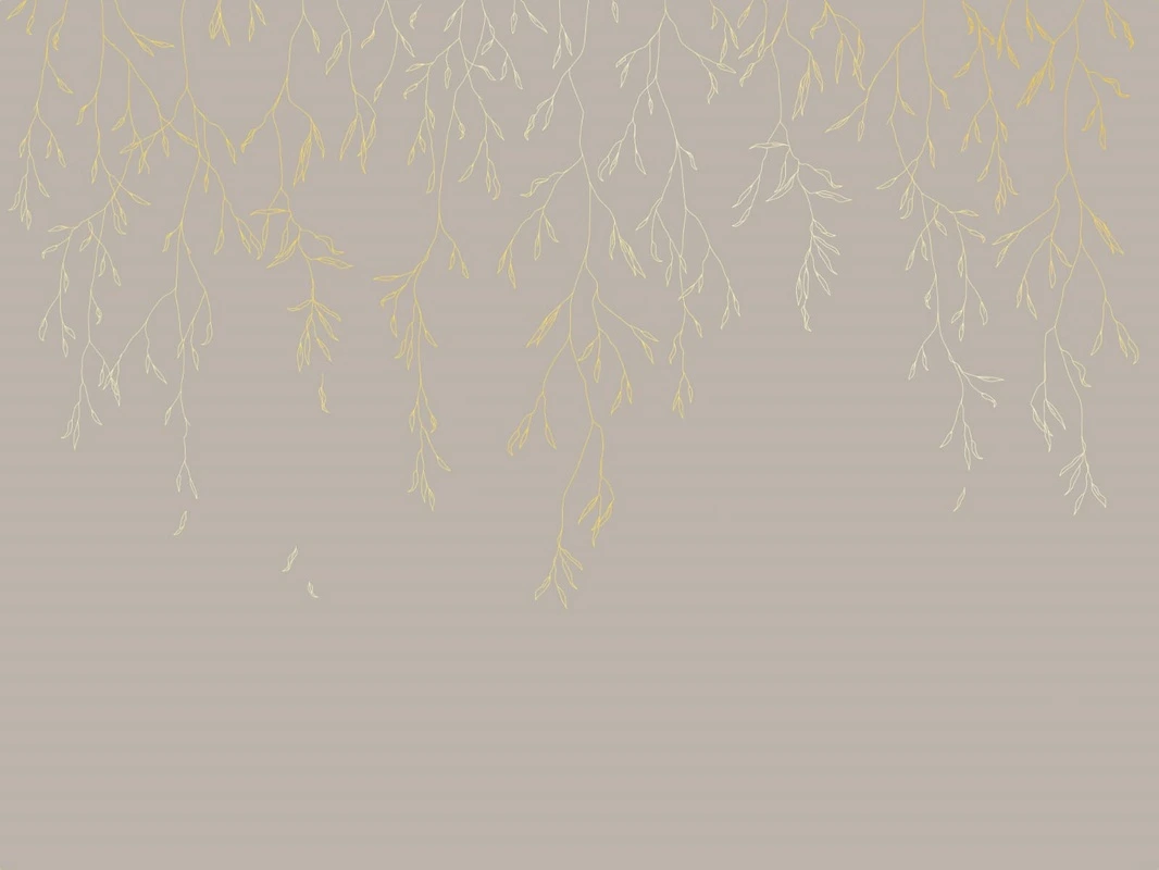 Фотообои на стену - графика, линии, золотые линии, обои с золотыми линиями, ветки, листья, бежевые, серые