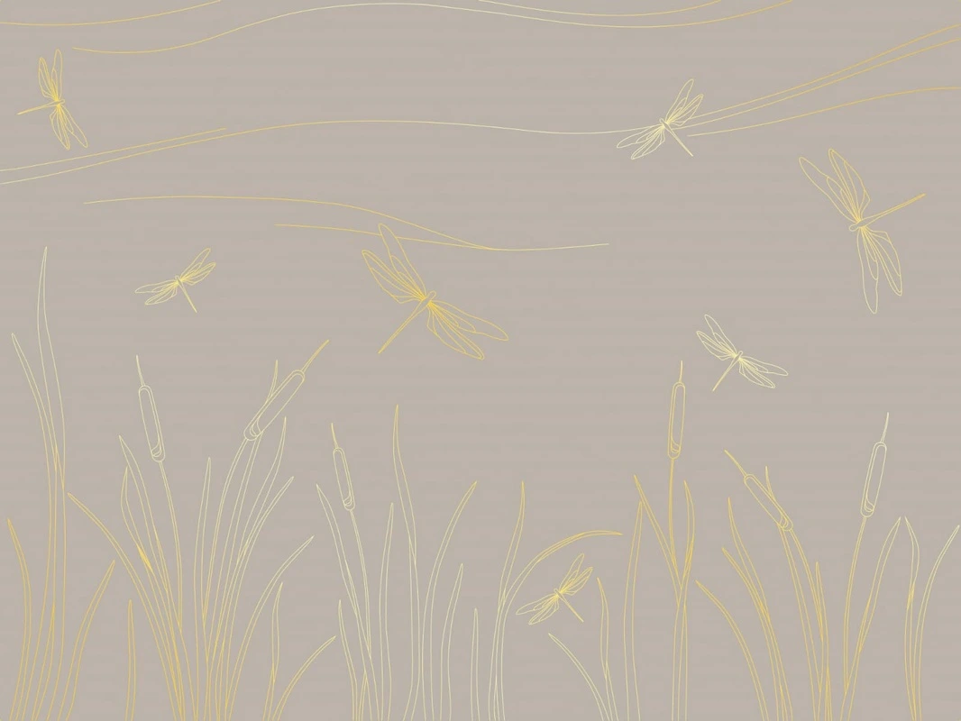 Фотообои на стену - графика, линии, золотые линии, обои с золотыми линиями, трава, стрекозы, бежевые, серые